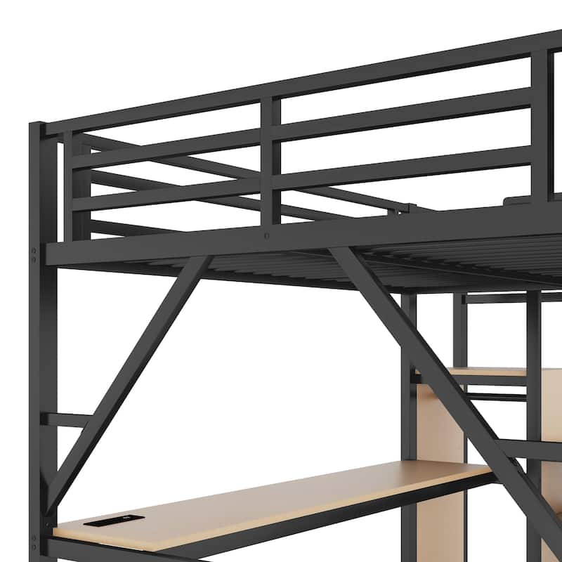 Full Size Metal Loft Bed with Built-In Desk, Charging Station and RGB Lighting, Staircase with Storage and Wardrobe