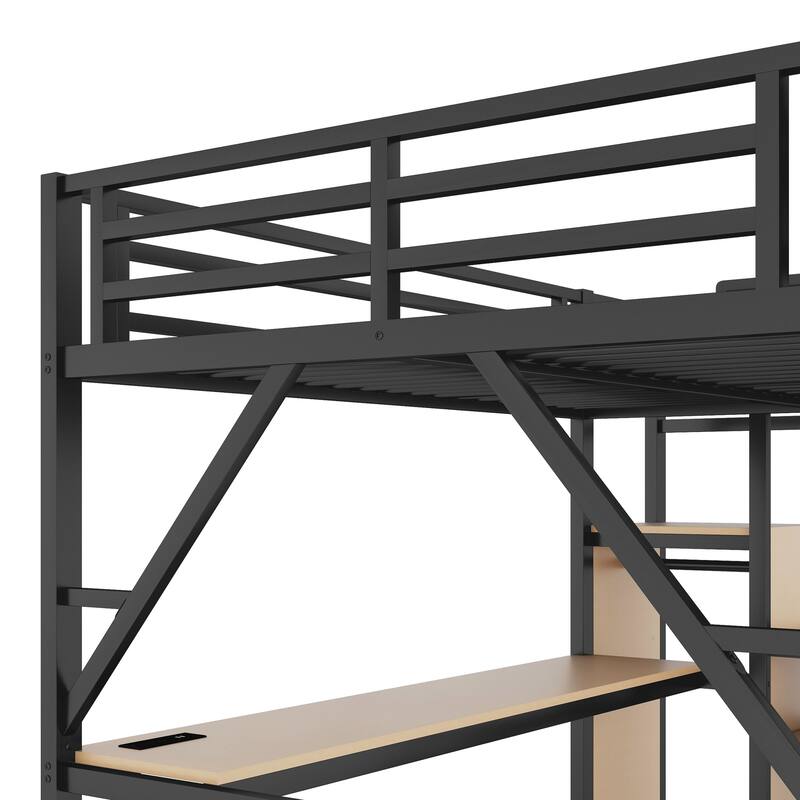 Metal Loft Bed with Storage Stairs Upper Storage Shelves and Wardrobe, Metal Structure Bed Optional Desk Charging Station