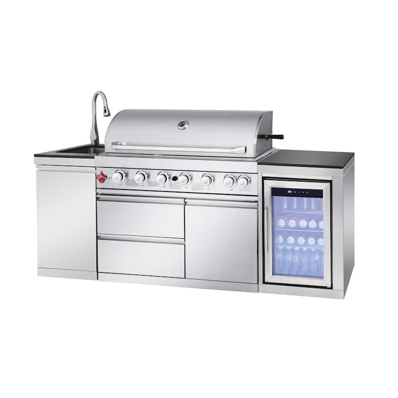 GDFStudio Kryvannon Stainless Steel Outdoor Kitchen Island Grill with 6 Burners and Compact Refrigerator