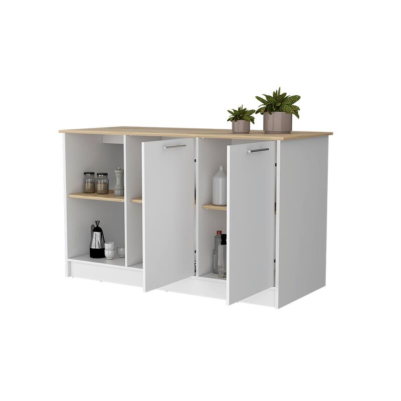 59" Kitchen Island with Large Countertop, Double-Door Cabinets, and Open Shelves, Ideal for Storage & Workspace