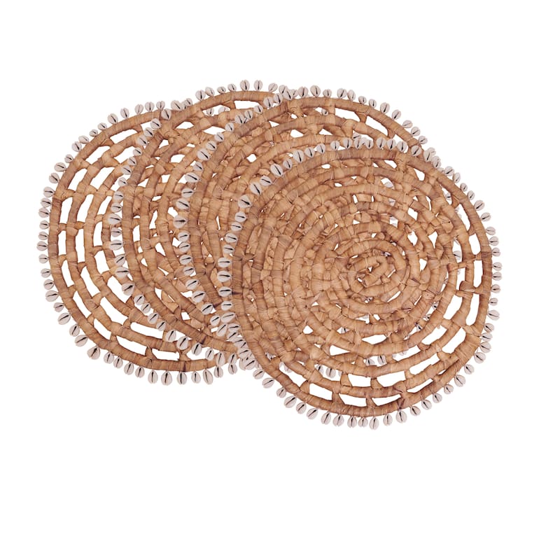 Shell Trimmed Water Hyacinth Round Placemats (Set of 4) - Handwoven Coastal Woven Design for Dining, Table Settings, 15"