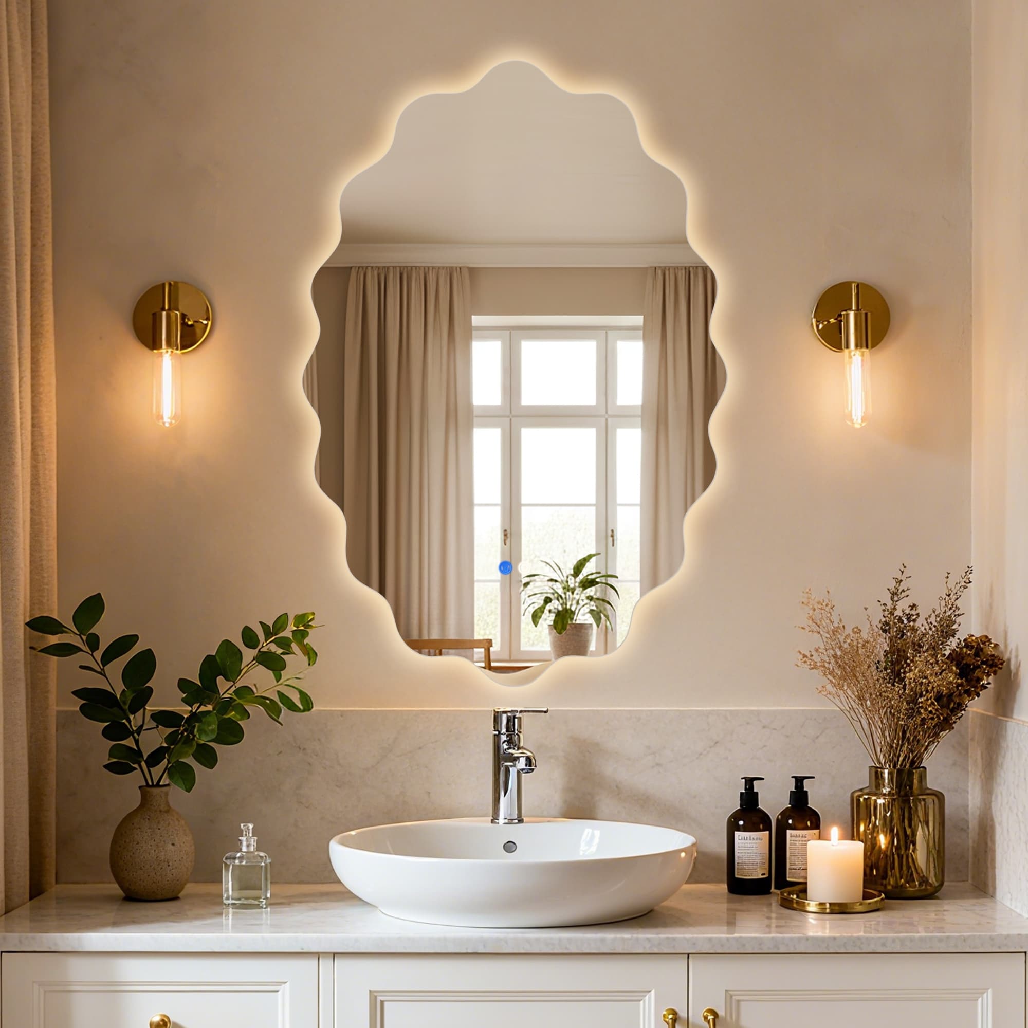 Oval Frameless LED Lighted Anti-fog Dimmable Irregular Wall Mirror