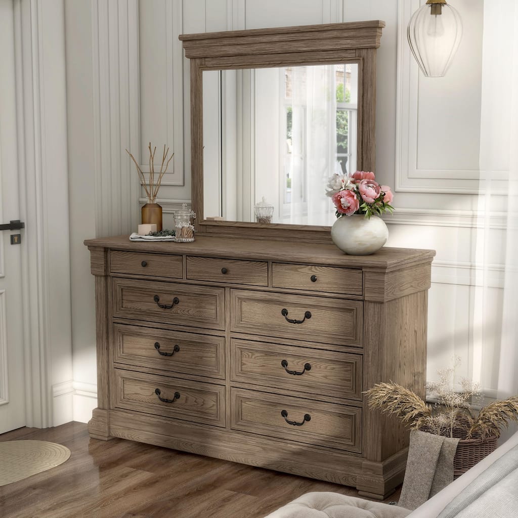 Furniture of America Wacine 2-Piece Weathered Grey Solid Wood Dresser and Mirror Set