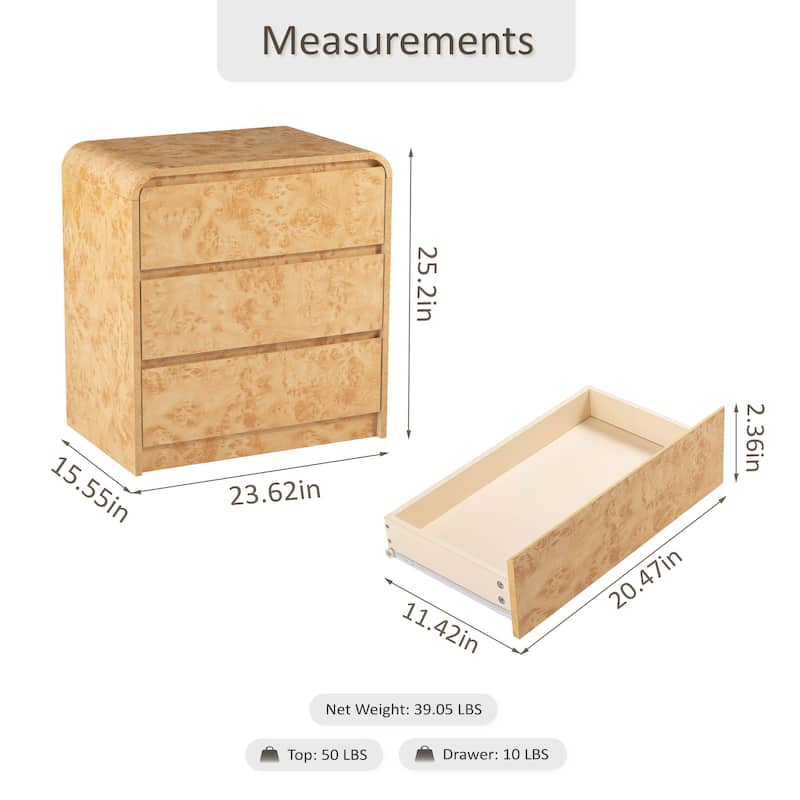 COZAYH Farmhouse Wood Nightstand, Rounded Edge Modern & Mid-Century Dresser, Burl Wood Finish in Natural