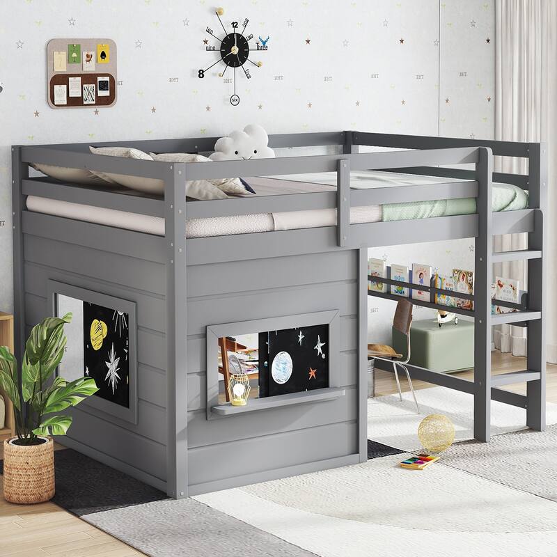 Full Size loft bed with a playful sliding chalkboard, built-in bookshelf, and high-quality safety rails