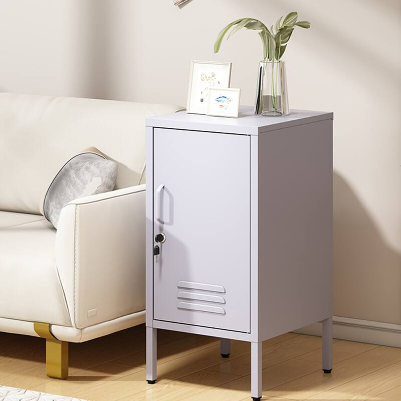 Single Door Lockable Metal End Table,Modern Minimalist Room Side Table with 2 Adjustable Shelf,Multi Storage Cabinet