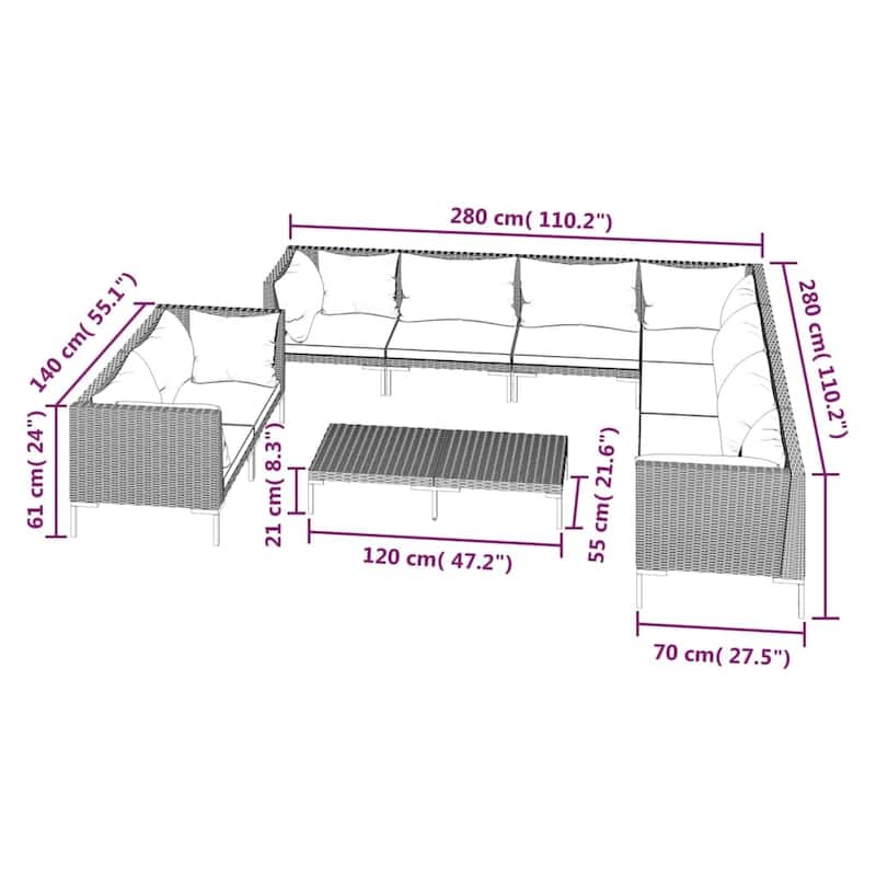 vidaXL Patio Lounge Set Outdoor Sectional Corner Sofa Poly Rattan Dark Grey - 27.6" x 27.6" x 24"