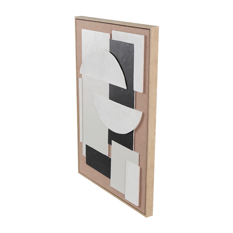 Brown Wooden Textured Geometric Framed Wall Art with Abstract Black and White Shapes and Fabric Backing