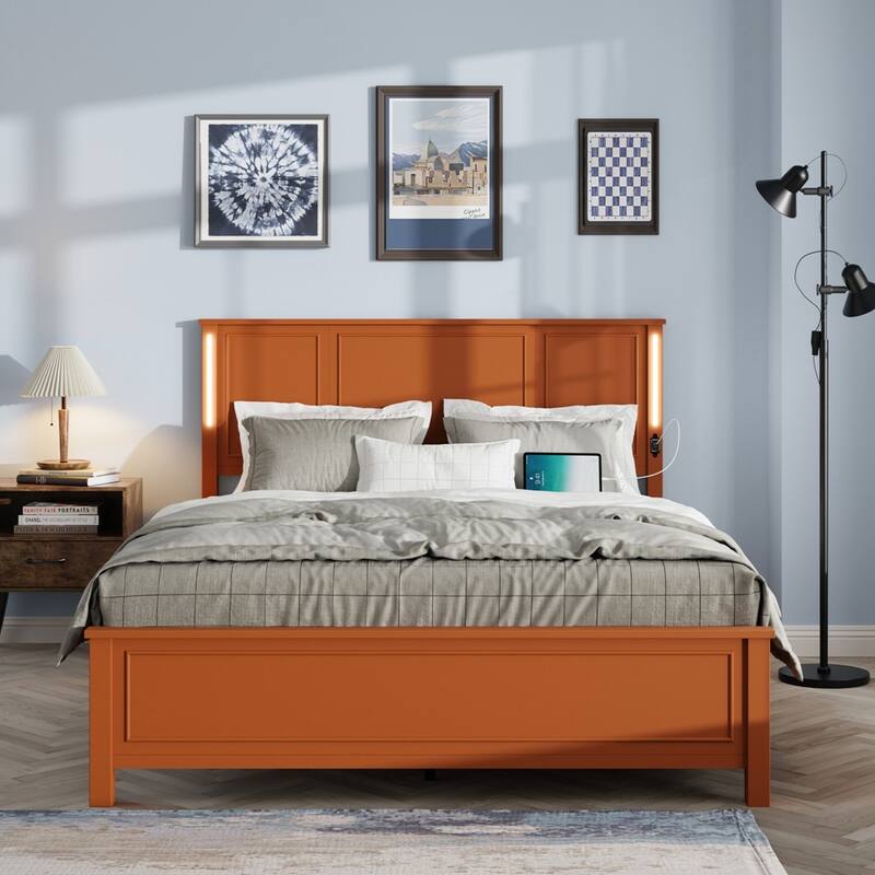 Platform Bed Frame with Wood Headboard and Footboard,Charging Station and LED Lights