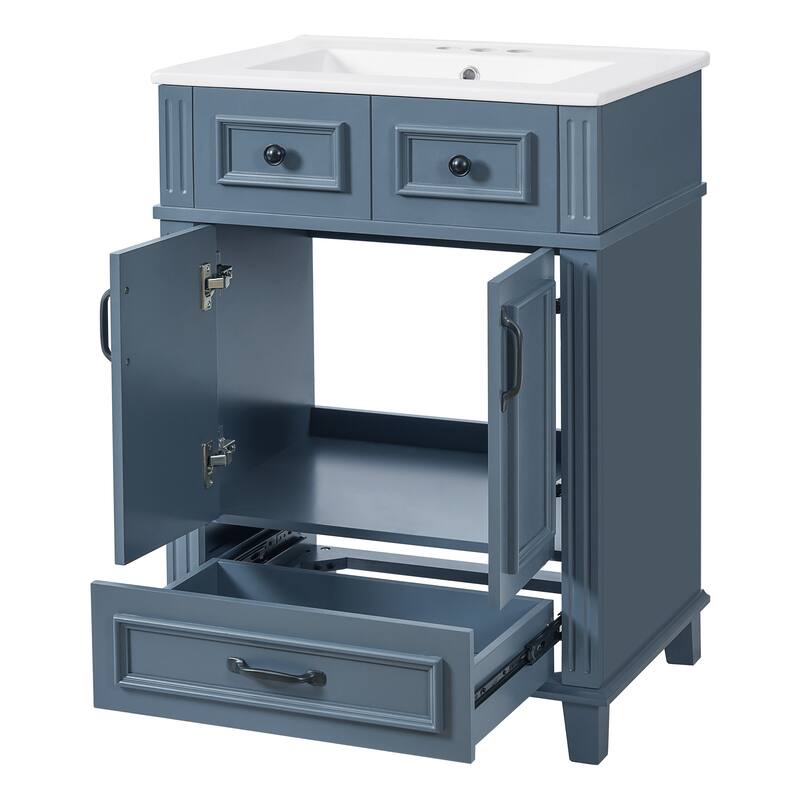 24" Bathroom Vanity with Ceramic Sink,Solid Wood Frame Bathroom Storage Cabinet with Soft Closing Doors,Retro Style