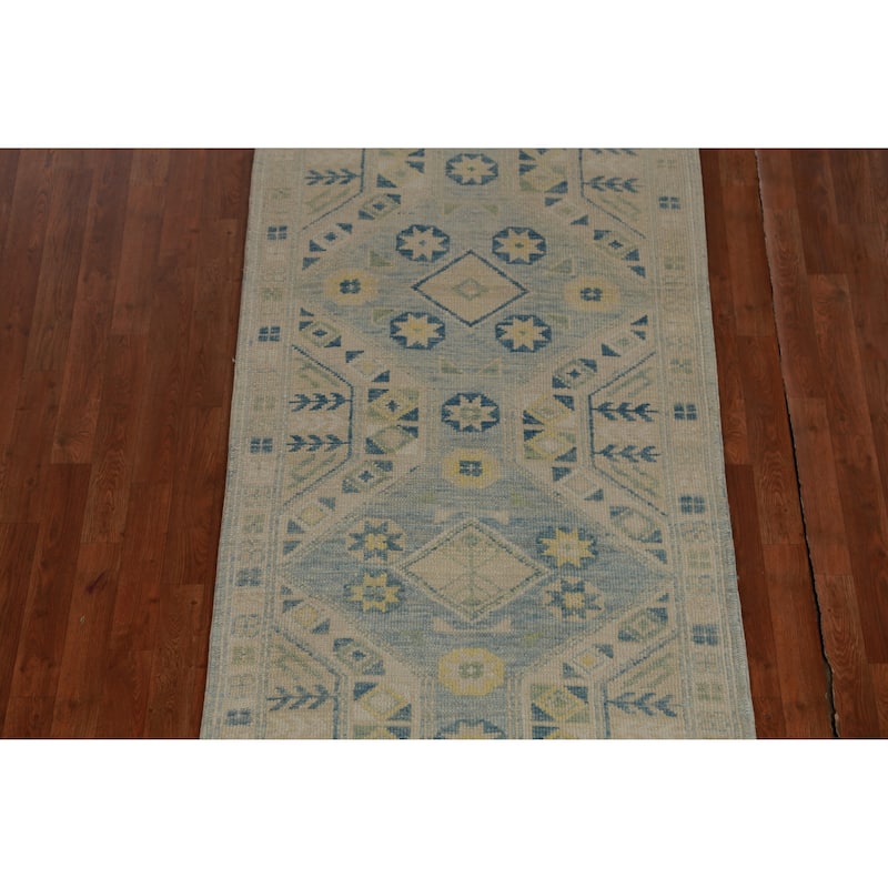 Hand Knotted Oriental 100% Wool Carpet Transitional Geometric Navy Blue & Blues Oushak Runner Rug - 16' 0'' X 3' 4''