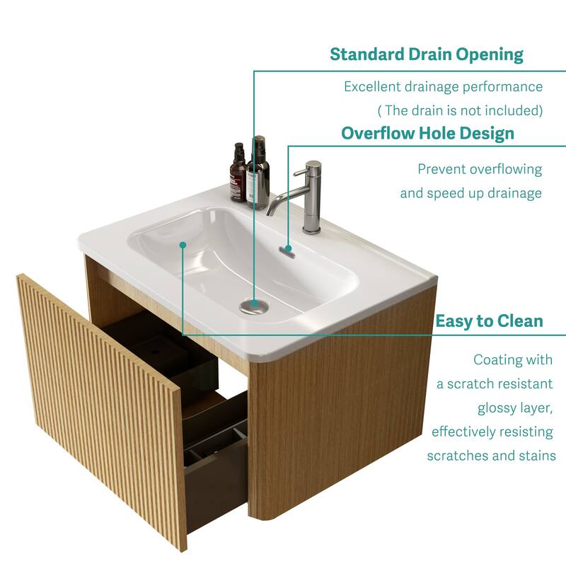 GDFStudio - Integrated Ceramic Basin for Bathroom Vanity, One-Piece Glossy Sink, Pre-Drilled without Drain Assembly