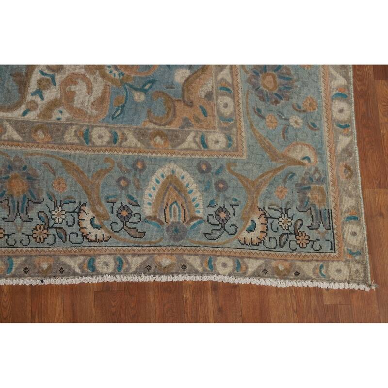 Tabriz Vintage Persian Area Rug Handmade Floral Blue Wool Carpet - 9'10" x 12'11"