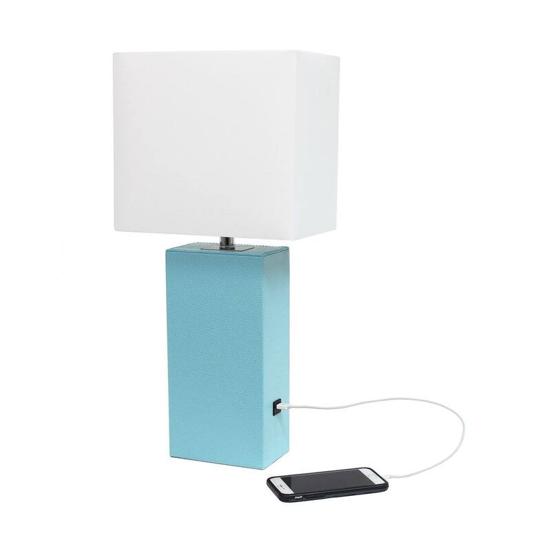 Modern Leather Table Lamp with USB and White Fabric Shade