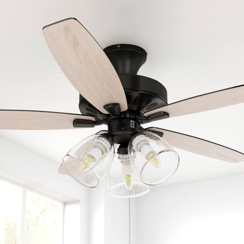 Moasis Farmhouse LED Ceiling Fan with Light And Clear Seeded Glass Light Kit - Flush Mount-Grey Oak