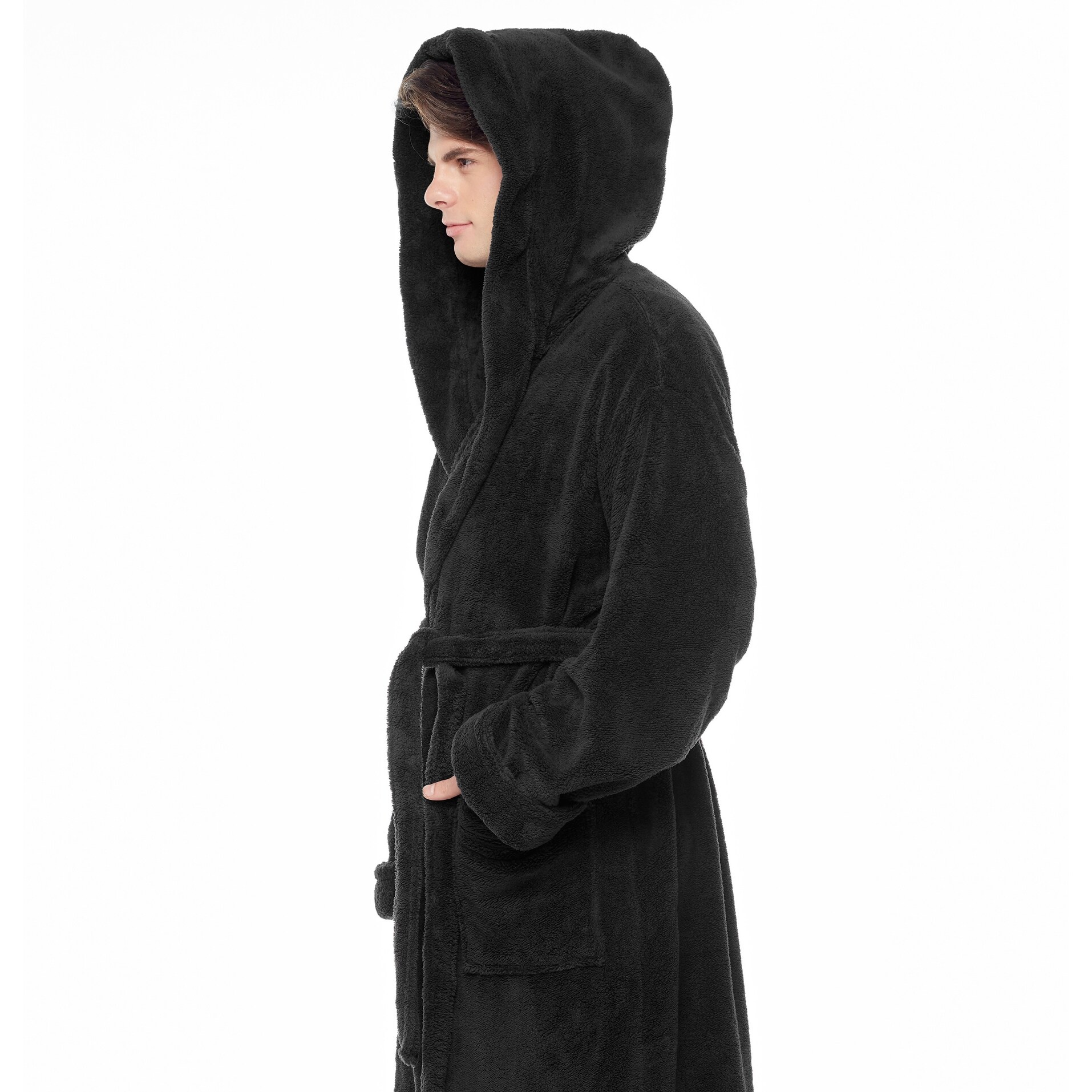 Black plush robe with hood outlet