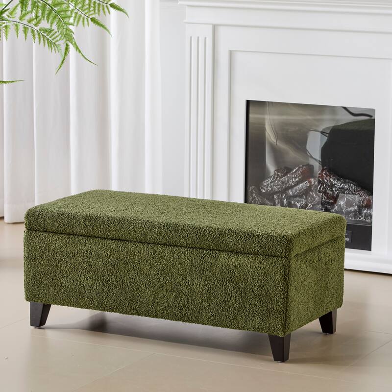 Storage Ottoman with Flip-Top Lid, Easy Assembly, Boucle Fabric & Birch Wood Legs, Green - Dark Brown,Green