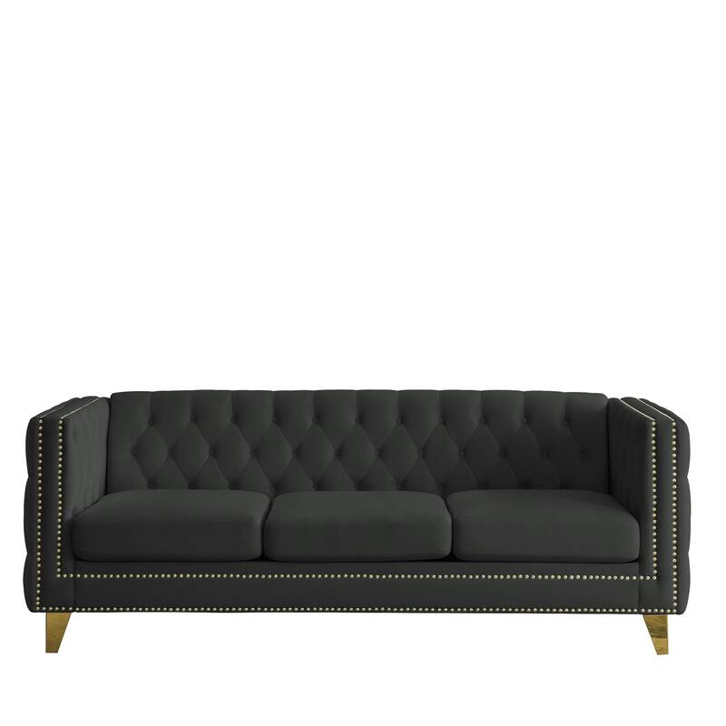 Velvet Chesterfield Sofa Set for Living Room, 3+3 Beige Sofa with Button Tufting, Square Arms, and Metal Legs