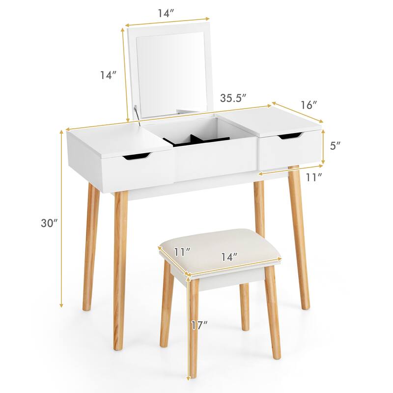 Costway Vanity Table Set w/ Flip Top Mirror Drawers 9 Dividers Makeup