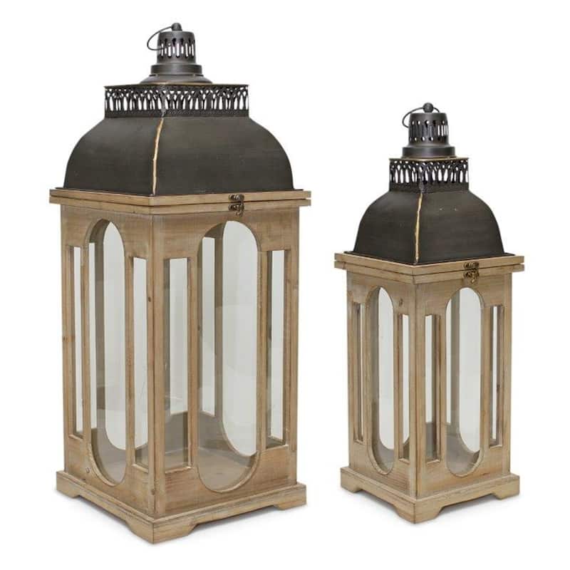 Lantern (Set of 2) 26.25"H, 32.25"H Iron/Wood/Glass - Brown