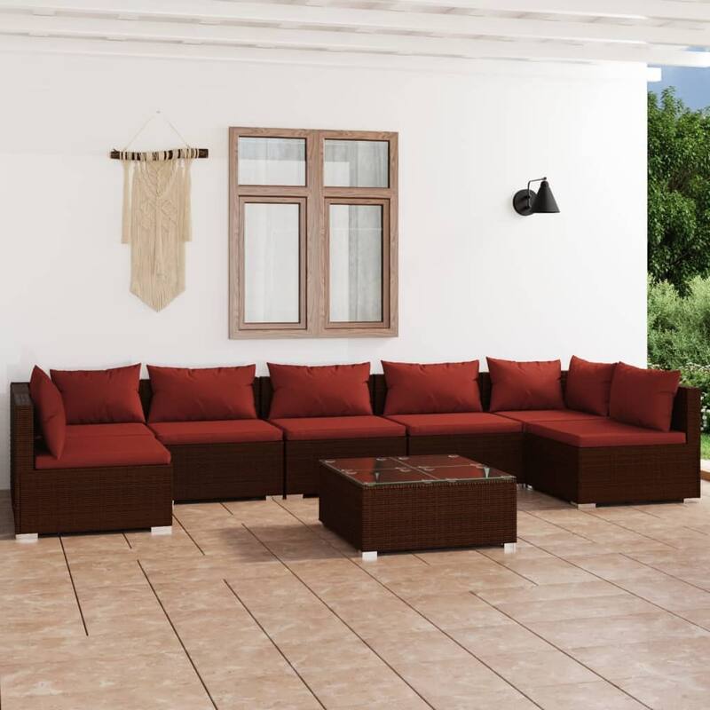 vidaXL Patio Lounge Set Outdoor Sectional Sofa Set Table Garden Poly Rattan - 27.6" x 27.6" x 23.8" - Brown/Cinnamon red 9 x Back pillow