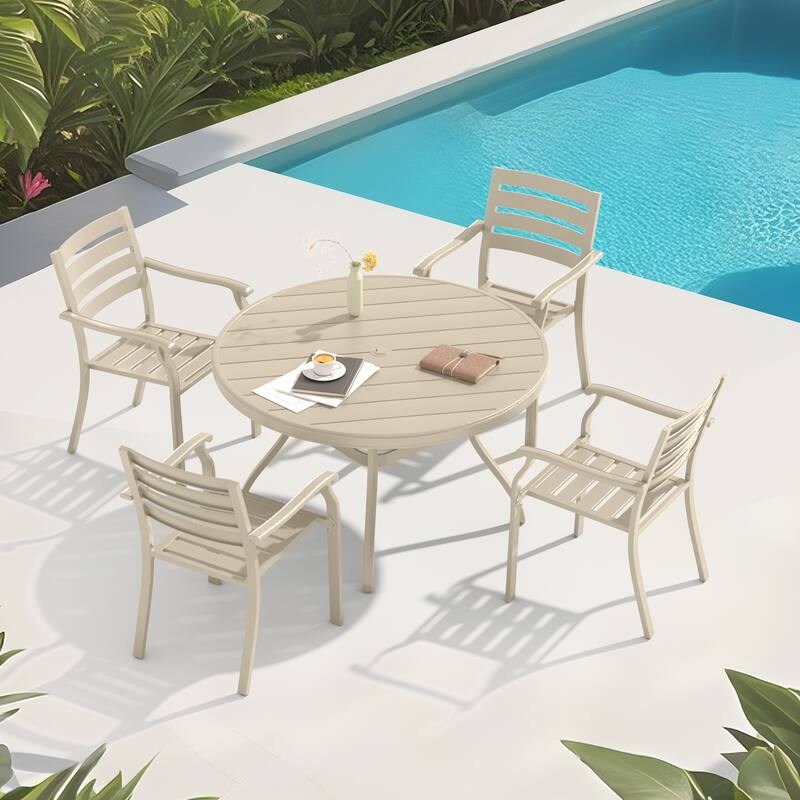 5 Pieces Outdoor Patio Dining Set, 4 Stackable Metal Dining Chairs and 40.6" Round Metal Dining Table - Sandstone