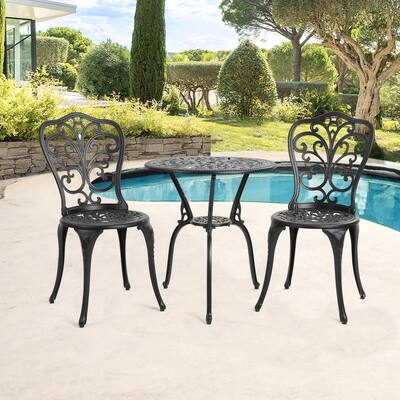 3-Piece Black Cast Aluminum Patio Bistro Set with Floral Design
