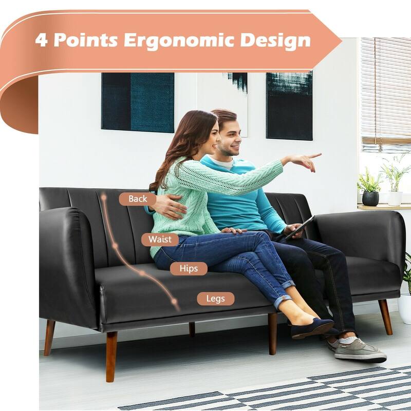 Convertible Futon Sofa Bed PU Leather Adjustable Couch Sleeper with Wood Legs - 81'' x 33.5'' x 31.5'' (L x W x H)