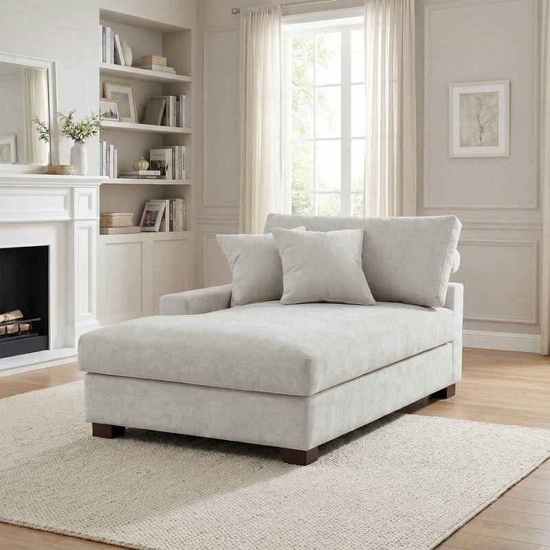 Plush Chenille Single Modular Sectional Sofa Chaise with Pillows - Off-White-Chaise L - Left Facing