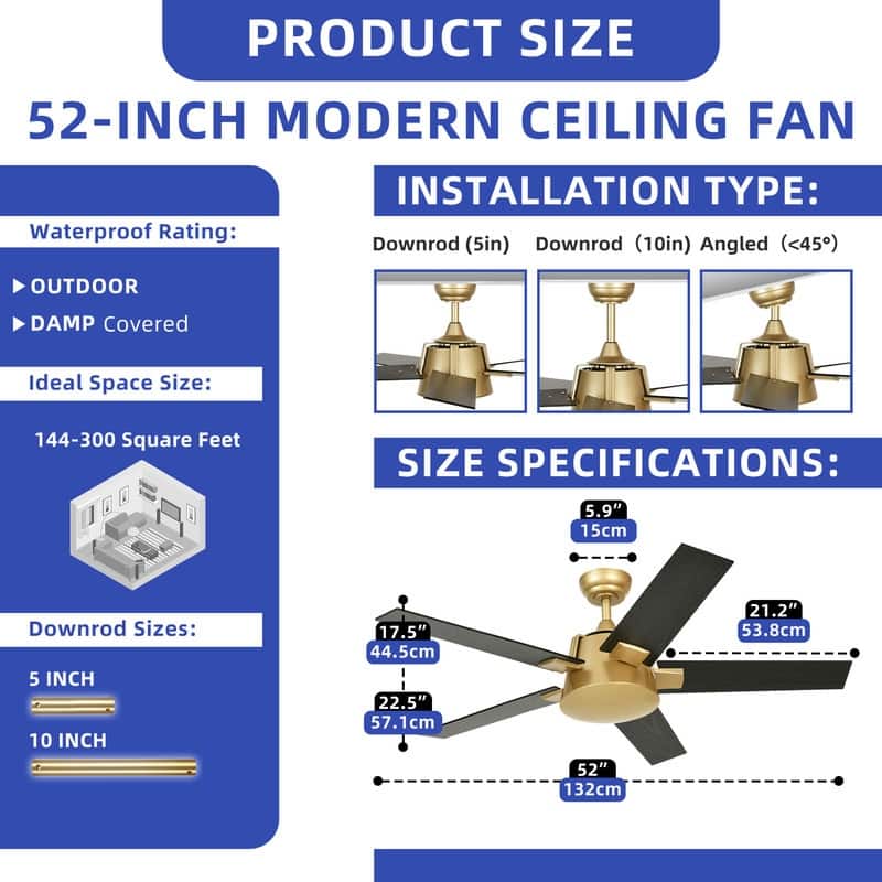 Moasis 52 Inch Modern Black Gold Ceiling Fan with Wall Switch & Remote