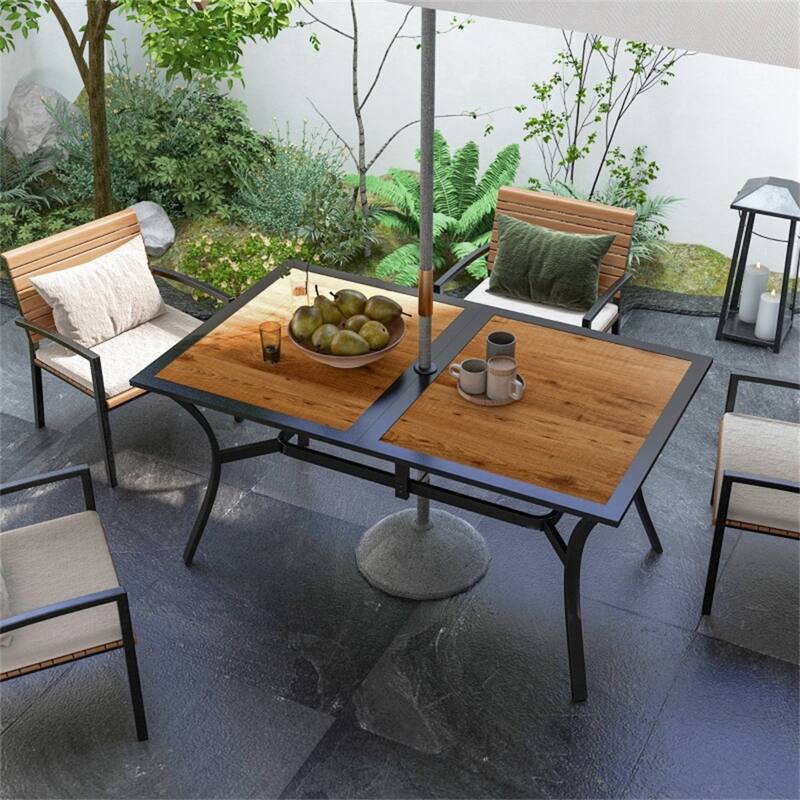 Brown Wood Grain Black Steel 6 Seater Outdoor Dining Table with Umbrella Hole - 59" L x 35.5" W x 28.75" H
