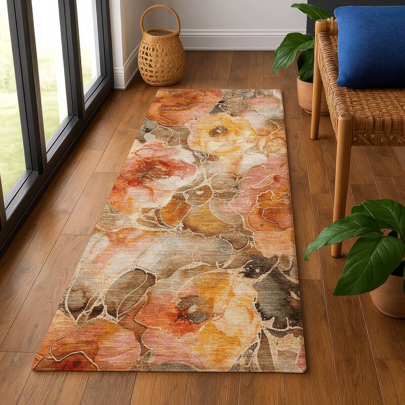 Premium Washable Super Soft Modern Floral Mayfield Rug - Orange - 2'3" x 7'6"