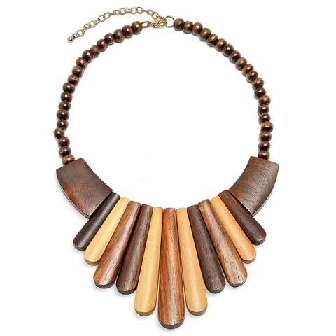 Artisan Tone Teak Wood Boho Fan Bib Collar Statement Necklace Woman