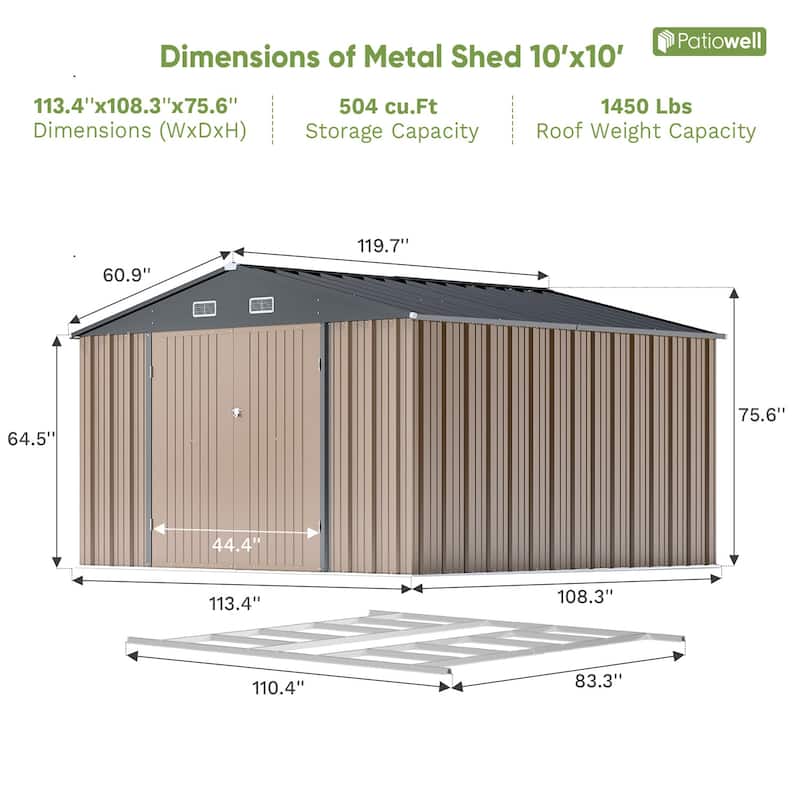 Patiowell 10' x 8'/10' x 10'Metal Outdoor Storage Shed with Goods Shelves/Floor Frame Garden Tool Shed for Backyard Garden