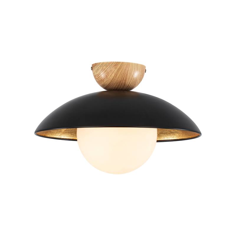 1-Light Modern Black Dome Gold Leaf Semi-Flush Mount Light w/Opal Glass Globe Bubble Shade - 14.5 in. W x 9.8 in. H
