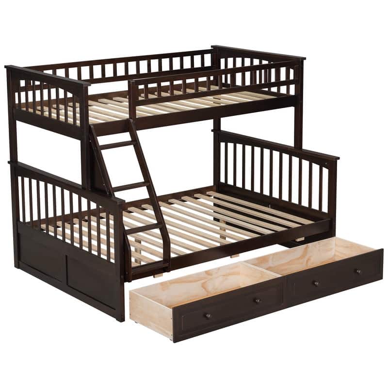 Twin over Full Size Wood Bunk Bed with Drawers, Convertible Beds