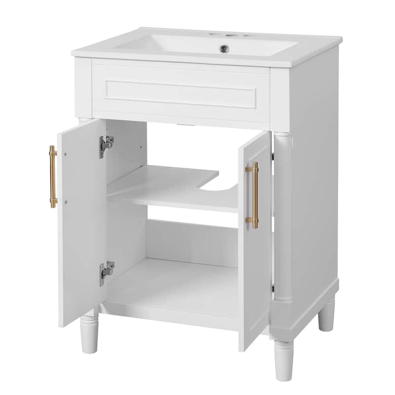 Elegant Bathroom Vanity Freestanding Storage Cabinet with Sink, 2 Doors, Gold Handles and Adjustable Interior Shelf