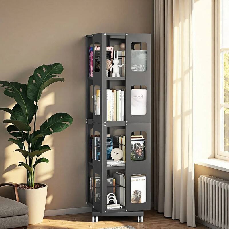 Rotating Bookshelf Tower 4 Tier All-Steel with 360° Wheels，Moveable Storage Rack Corner Bookshelf