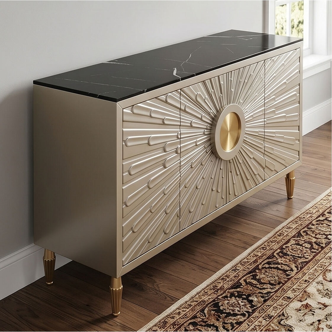 Modern Sunburst Design Buffet Sideboard with Black Faux Marble Top, 4-Door Storage Cabinet with Metal Legs for Dining Room