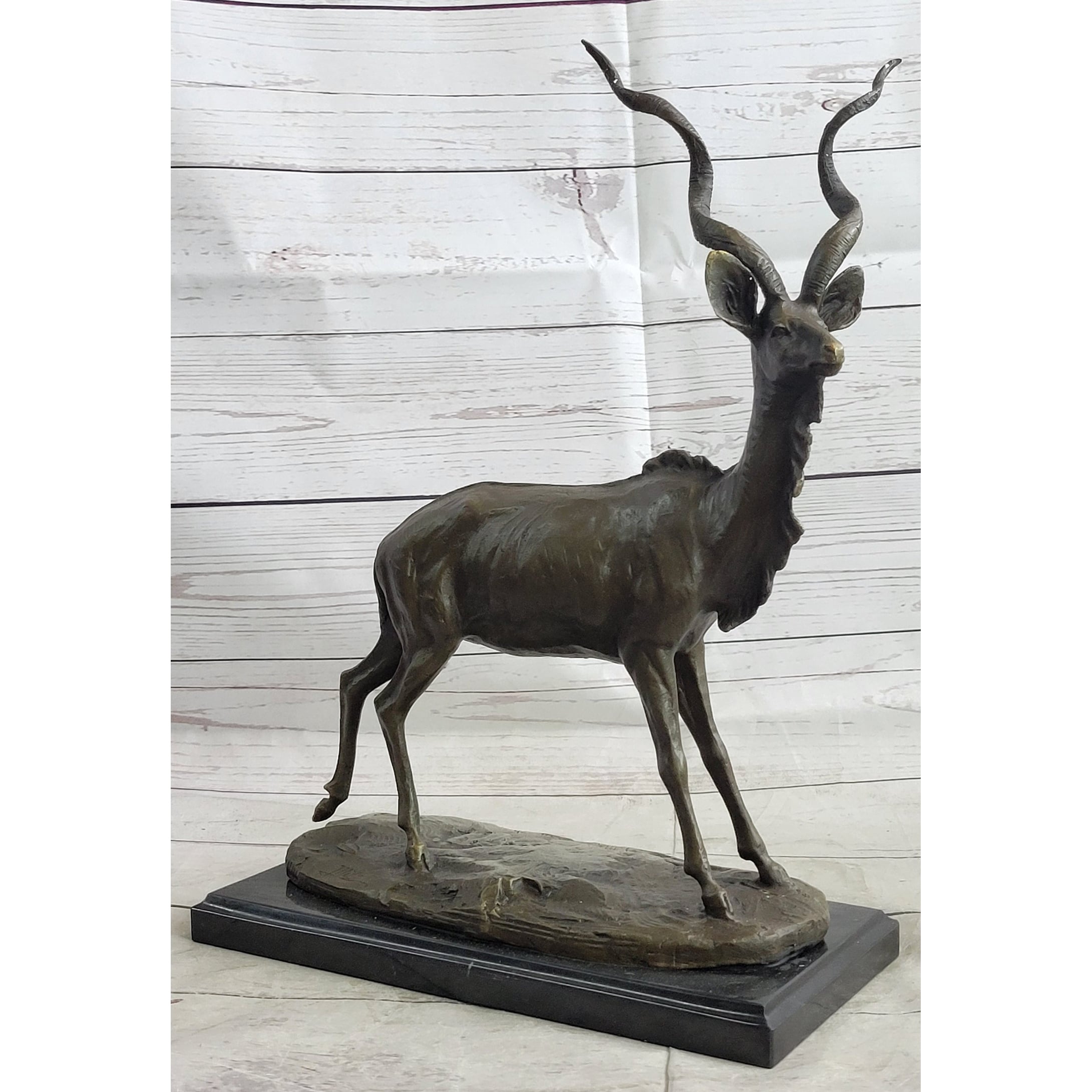 Kudu Antelope Gazelle African Deer Bronze Sculpture Statue Figure On Marble Base