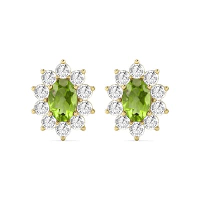 Marquee Oval Shape Peridot and Diamond Flower Earrings in 14K Yellow Gold