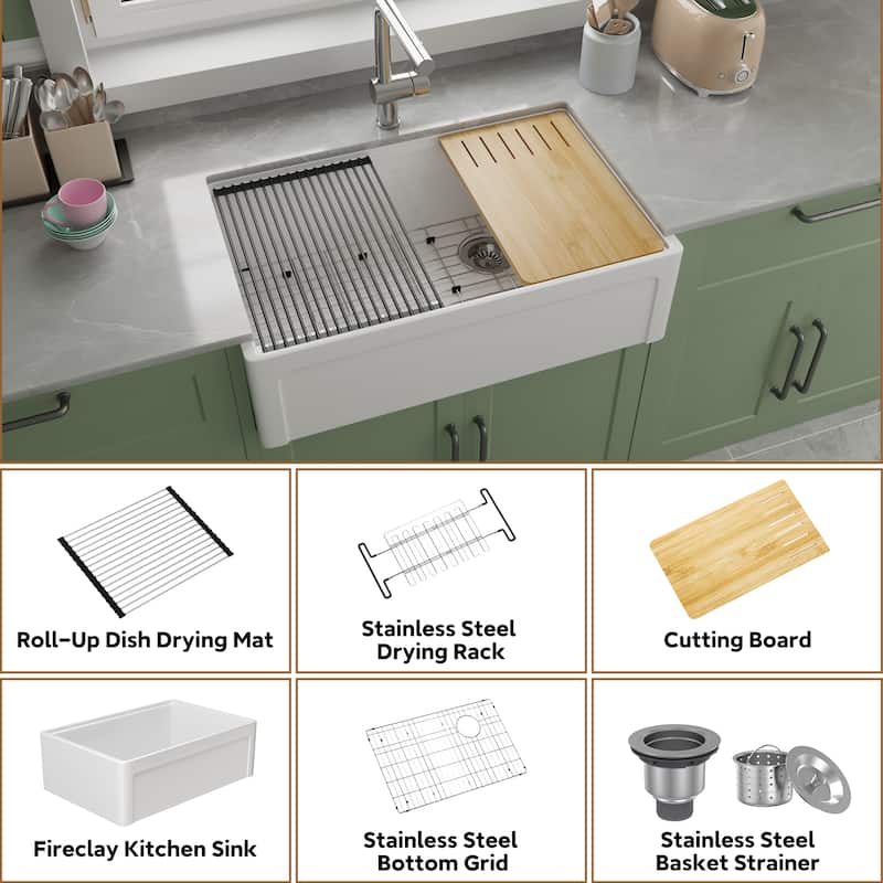 33 in. Farmhouse Double Bowl White Fireclay Workstation Kitchen Sink Drying Rack + Cutting Board + Bottom Grid & More