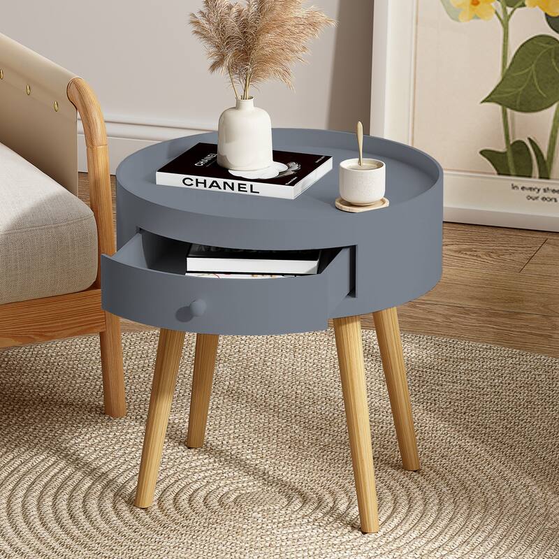 Small Side Table with Wood Legs, Space-Saving Round Coffee Table with Storage Drawers, Compact Center Table for Apartment