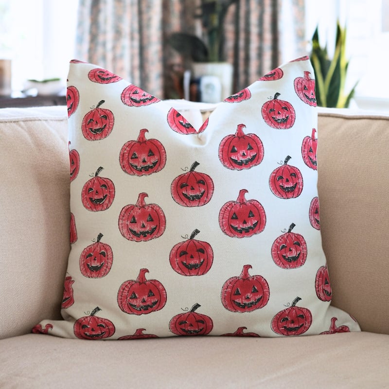 Halloween Block Print Nursery Baby Décor Farmhouse Gift Pillow Cover - Pumpkin- Red, White - 14" x 14"