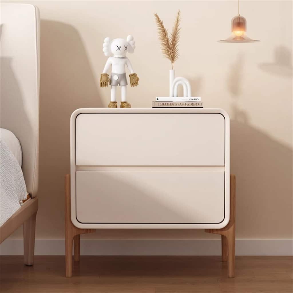 Cream White Double Drawer Bedside Table