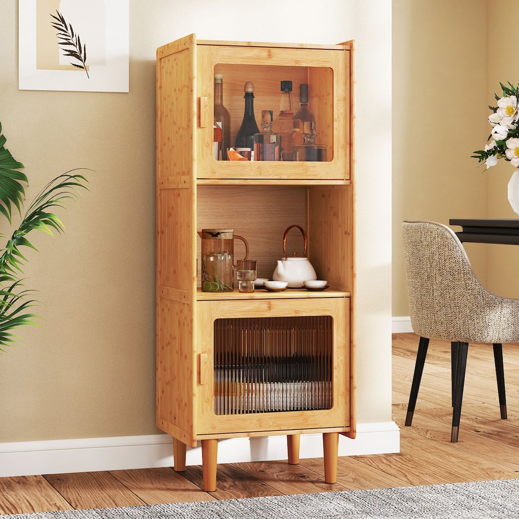 Gymax Bamboo Cabinet Narrow Kitchen Storage Cabinet w/ Open