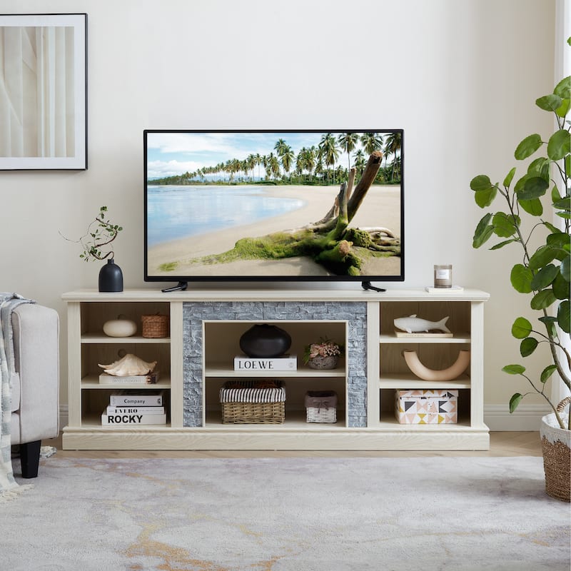 Large Storage TV Stand for TVs up to 75'' with Faux Stacked Stone, Adjustable Shelves and Cable Management