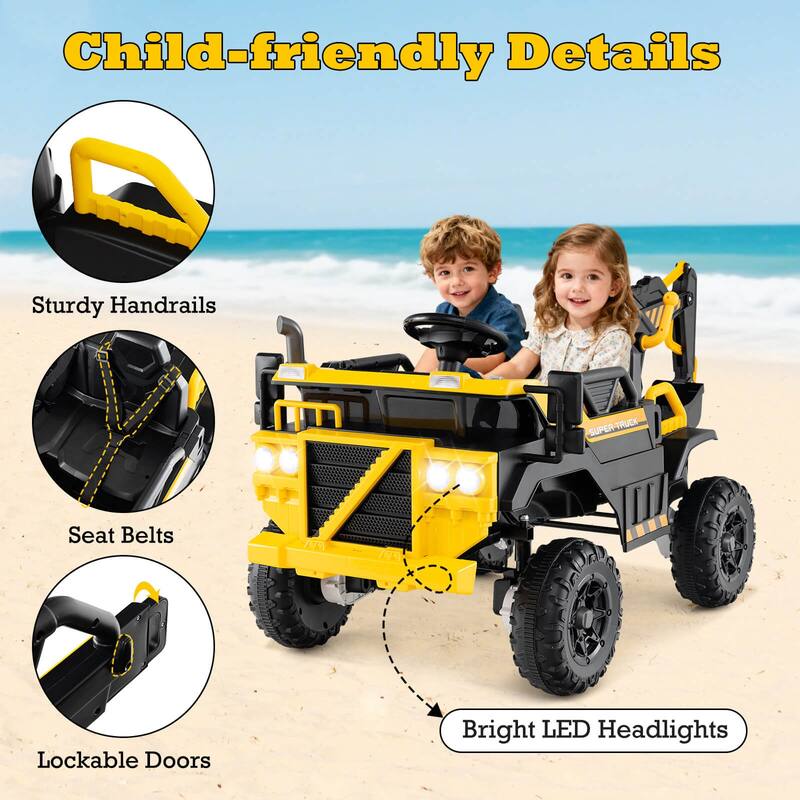Costway 24V Ride On Excavator, 4WD Electric Truck Construction Vehicle - as pic shows - See Details