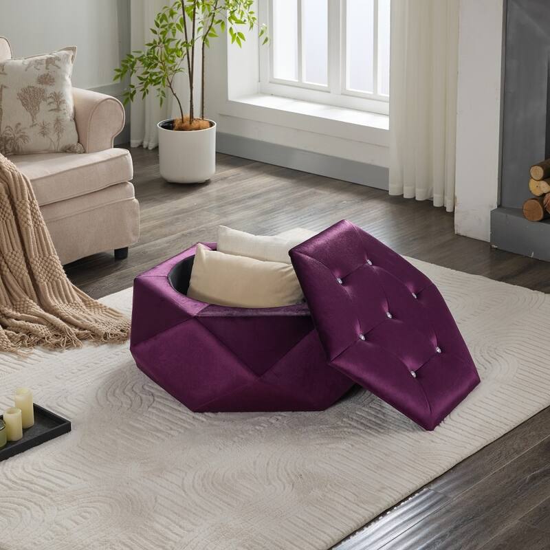 Modern Elegant Velvet Diamond Tufted Storage Ottoman for Living Room - Purple