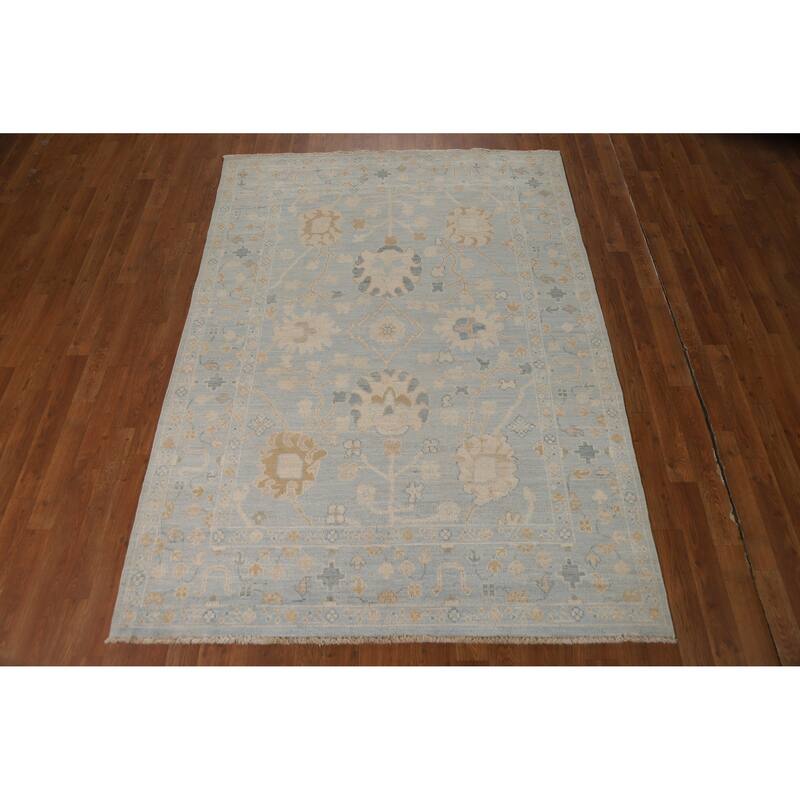 Vegetable Dye Oushak Turkish Rug Hand-Knotted Blue Wool Carpet - 4'11"x 6'11"